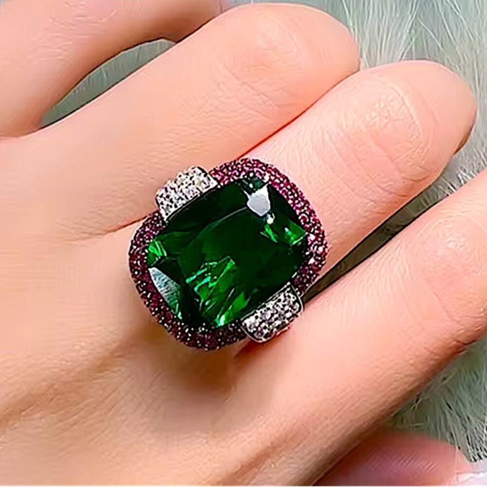 Sterling Silver Emerald Purple Gemstone Statement Ring